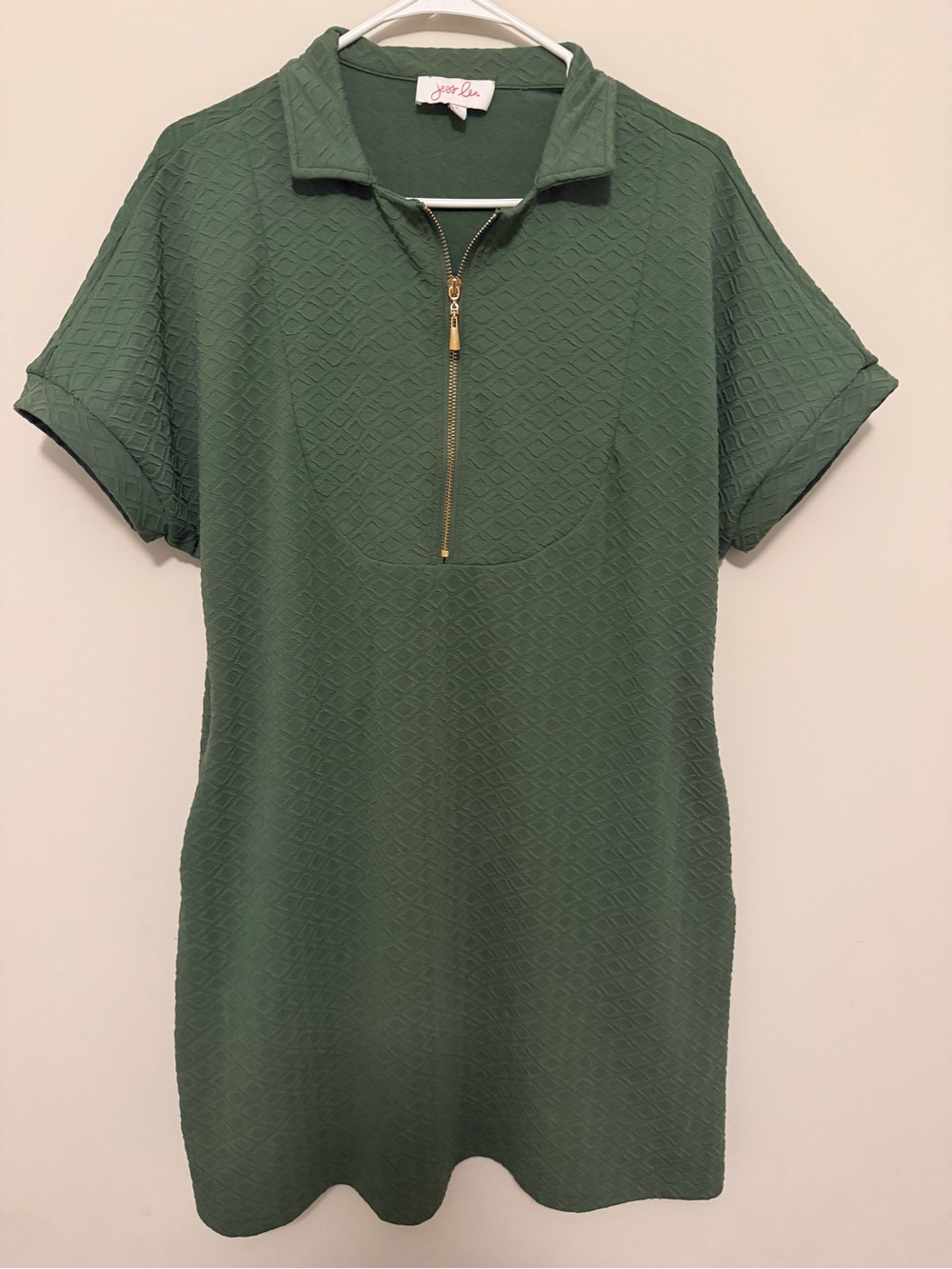 Textured Green Polo Zip Dress with Short Sleeves